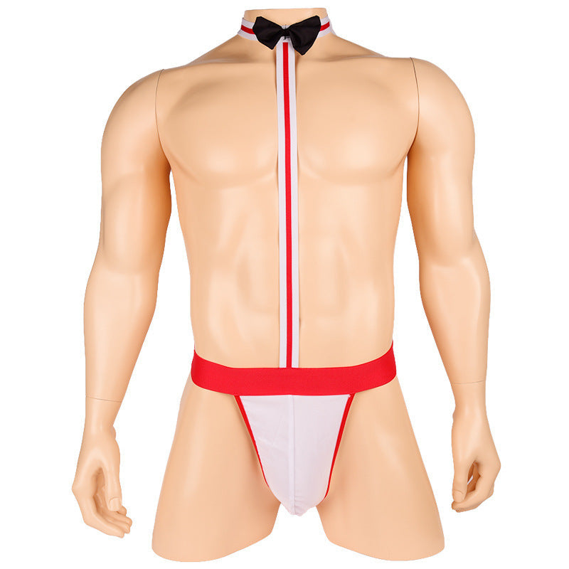 男士性感橡筋领结吊带连体内裤(黑/白)