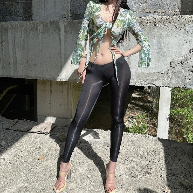 网红露臀弹力透视性感紧身户外方便免脱油亮打底裤