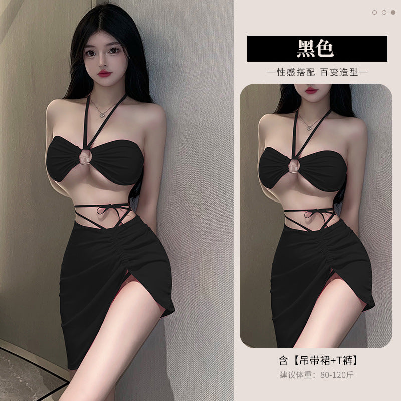 系带挂脖性感吊带高腰开叉夜店激情免脱紧身包臀裙(红/黑/粉)