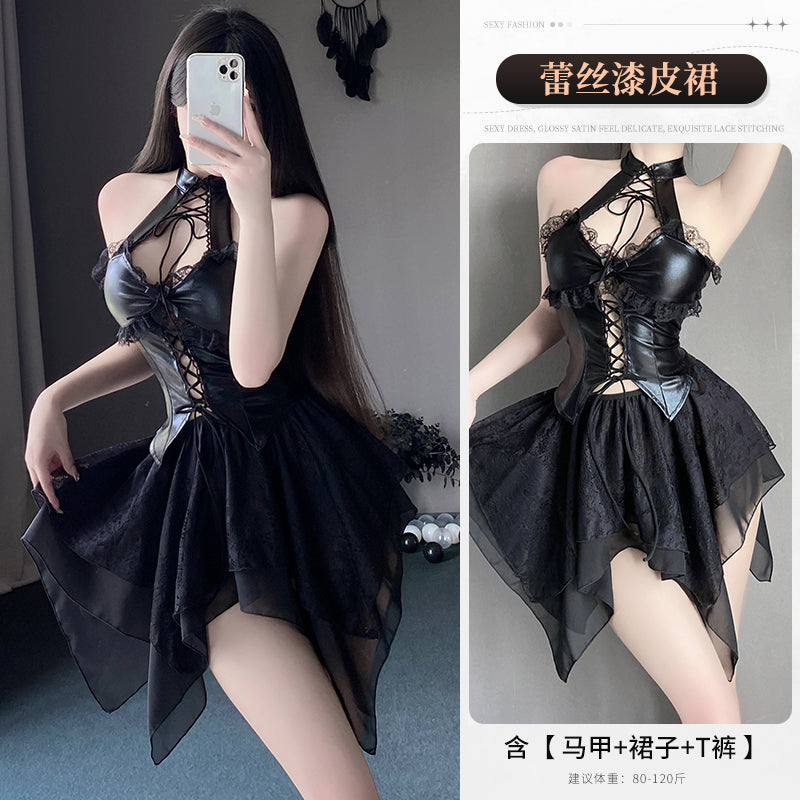 热辣漆皮性感露沟裸背纯欲连衣裙床上激情免脱套装