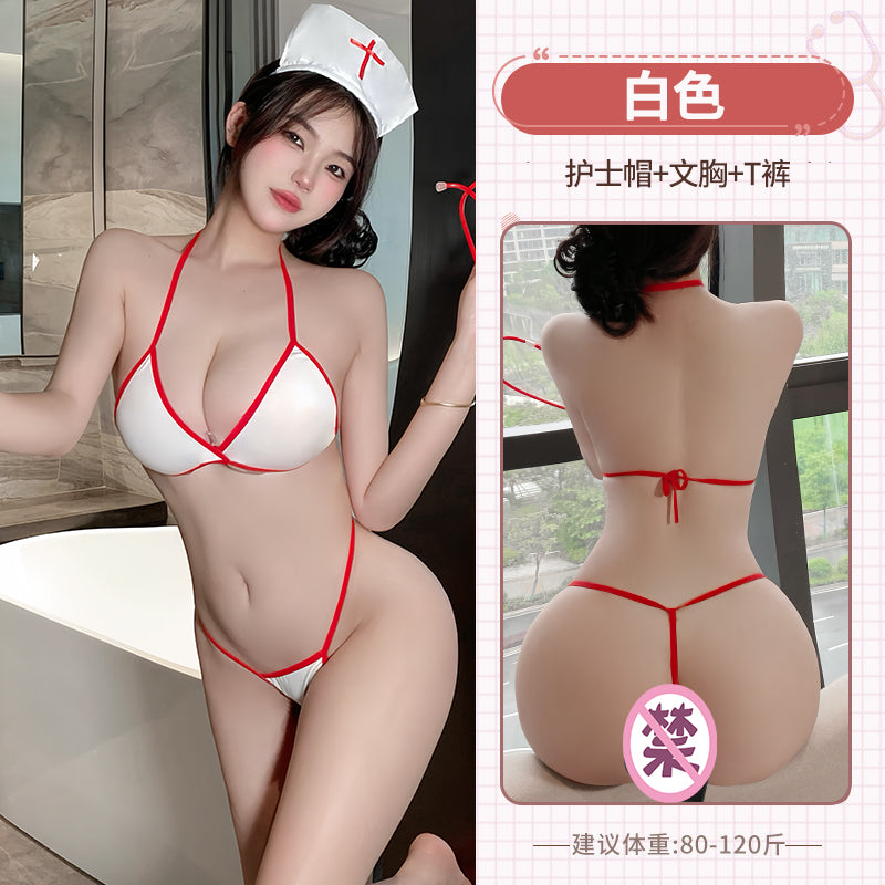 白色红边纯欲诱惑免脱性感吊带比基尼护士制服套装
