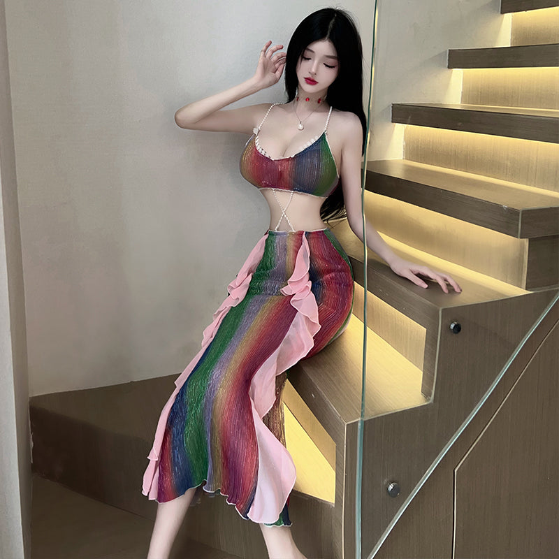 风情裸背斜切波浪多彩包臀长裙梦幻美人鱼制服