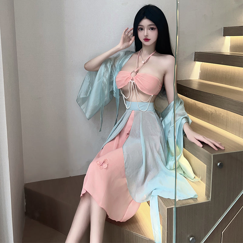 复古典雅挂脖镂空抹胸春光侧漏国风汉服制服套装