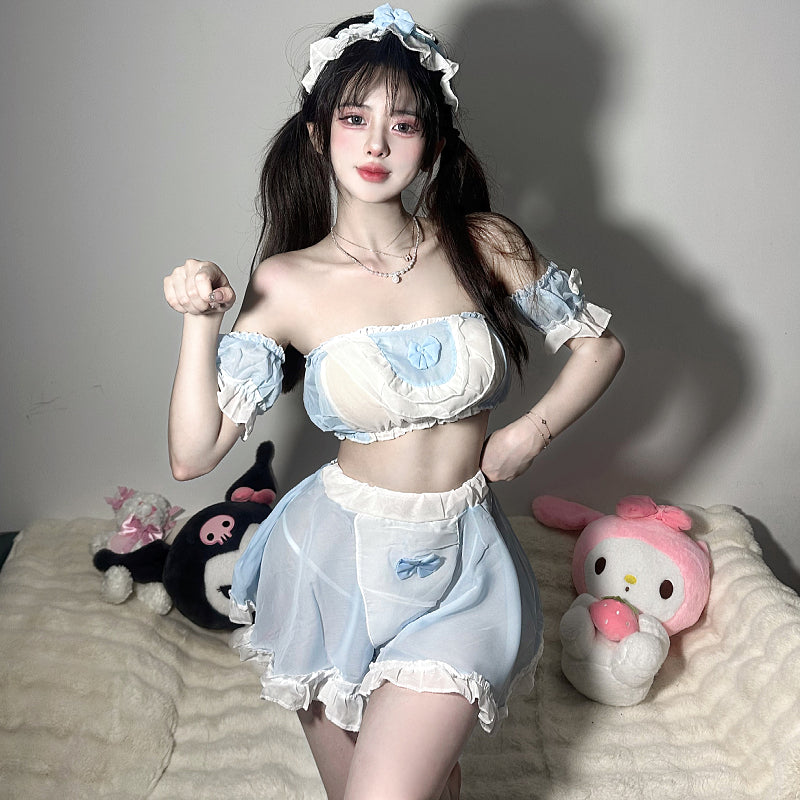 日系洛丽塔小女佣角色扮演性感分体透视裹胸百褶连衣裙