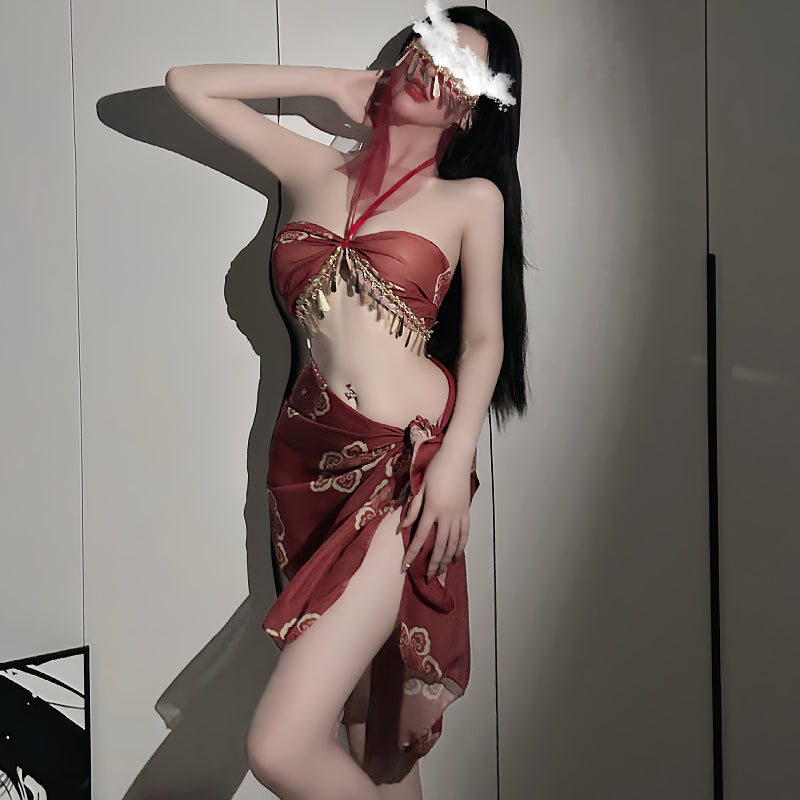 复古风敦煌飞天异域风情挂脖文胸高开叉免脱短制服诱惑