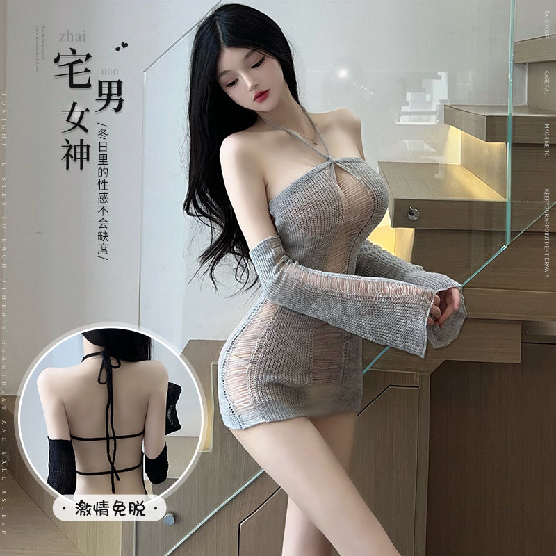 性感交叉镂空深V露背中门大开温柔贤惠情趣毛衣(灰/黑)