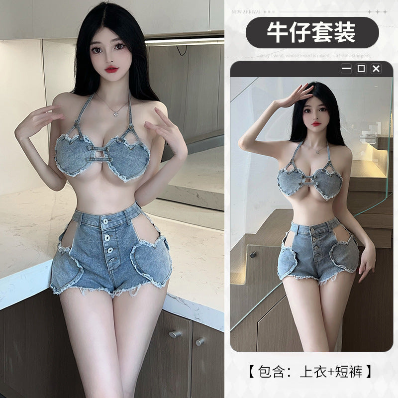 激情免脱火辣诱惑床上调情牛仔超短裤全套制服