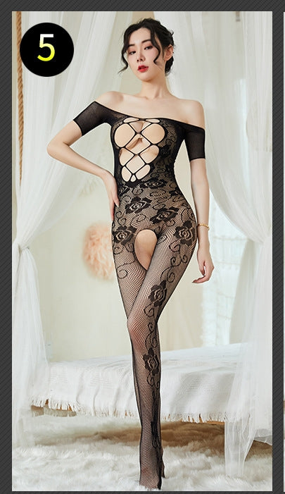玫瑰花纹超大网眼性感开档露乳连体网衣