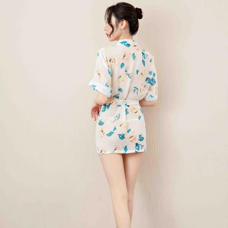 雪纺印花清丽脱俗透视开襟绑带性感睡衣 - Shyqueen