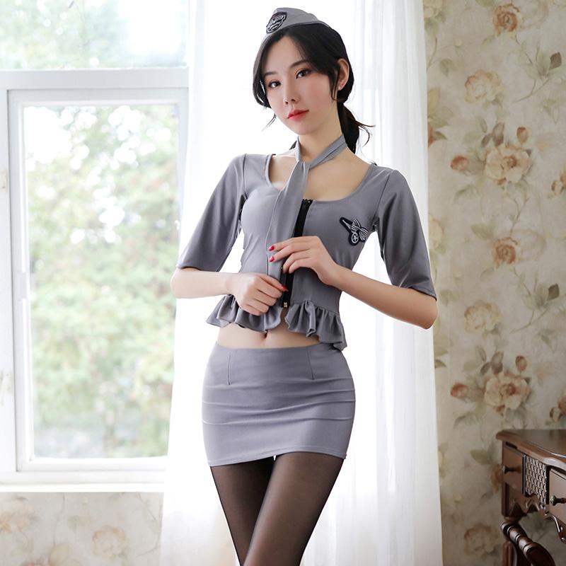 诱惑包臀短裙胸前拉链气质空姐套装 - Shyqueen