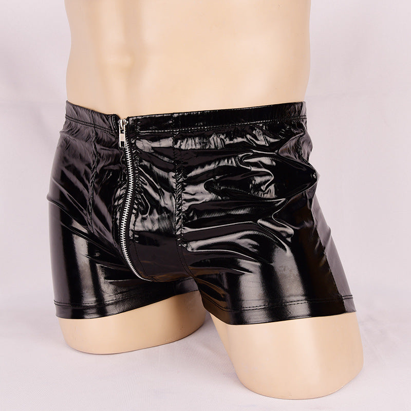 男士专用黑色U凸亮光拉链漆皮平角情趣短裤