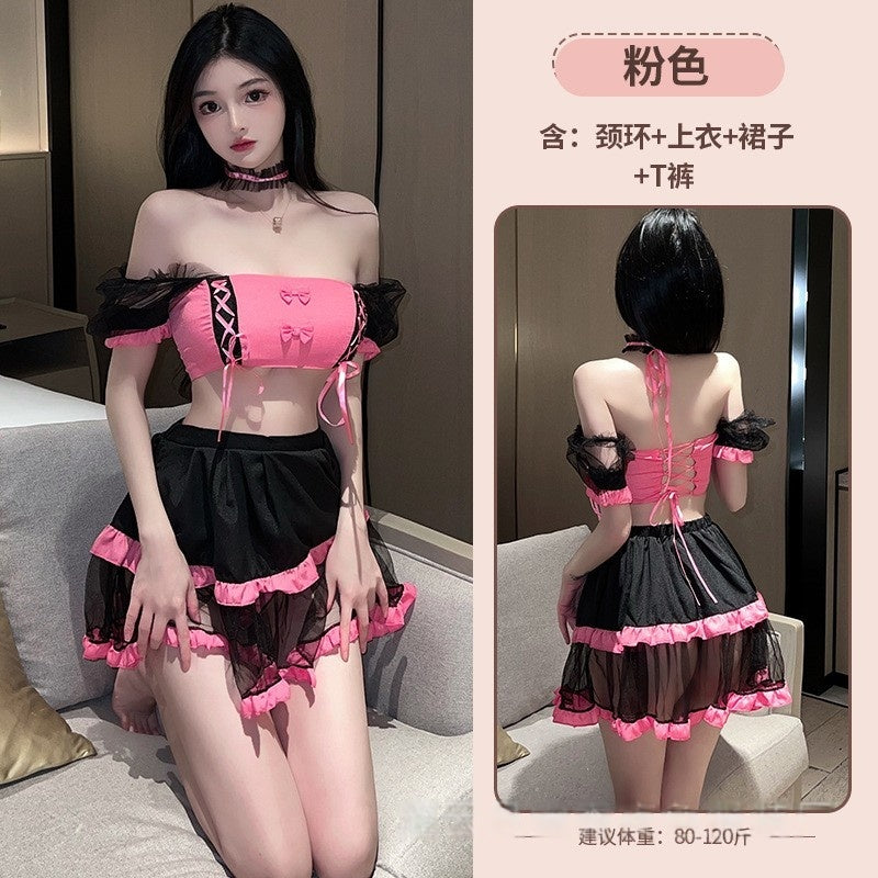 纯欲网纱透视诱惑甜美女仆粉嫩公主裙制服套装（粉/紫）