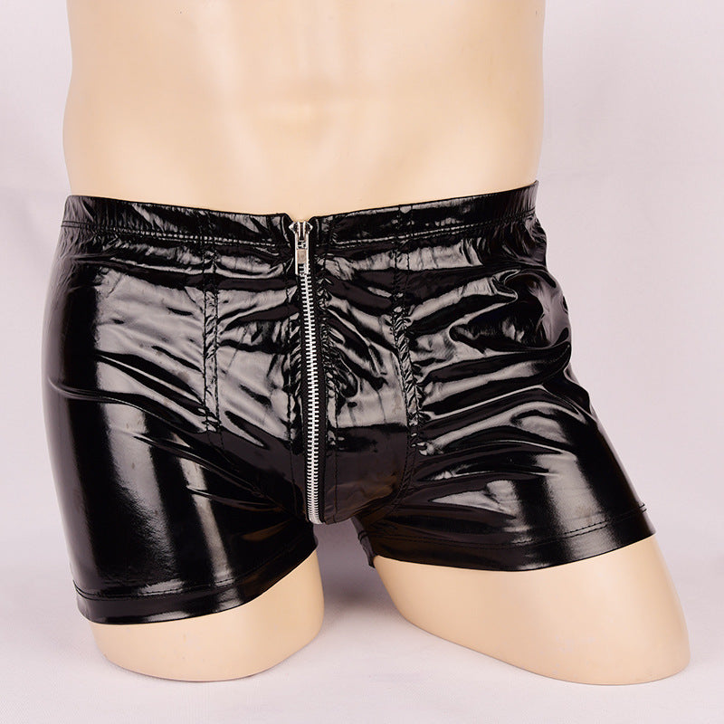 男士专用黑色U凸亮光拉链漆皮平角情趣短裤