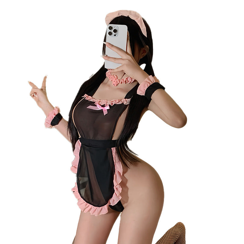 火辣诱惑性感透纱风情露背粉黑小女仆诱惑制服套装