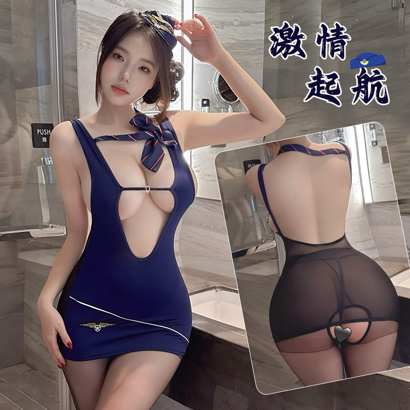 深V露胸透视美臀风情美背火辣空姐包臀制服套装