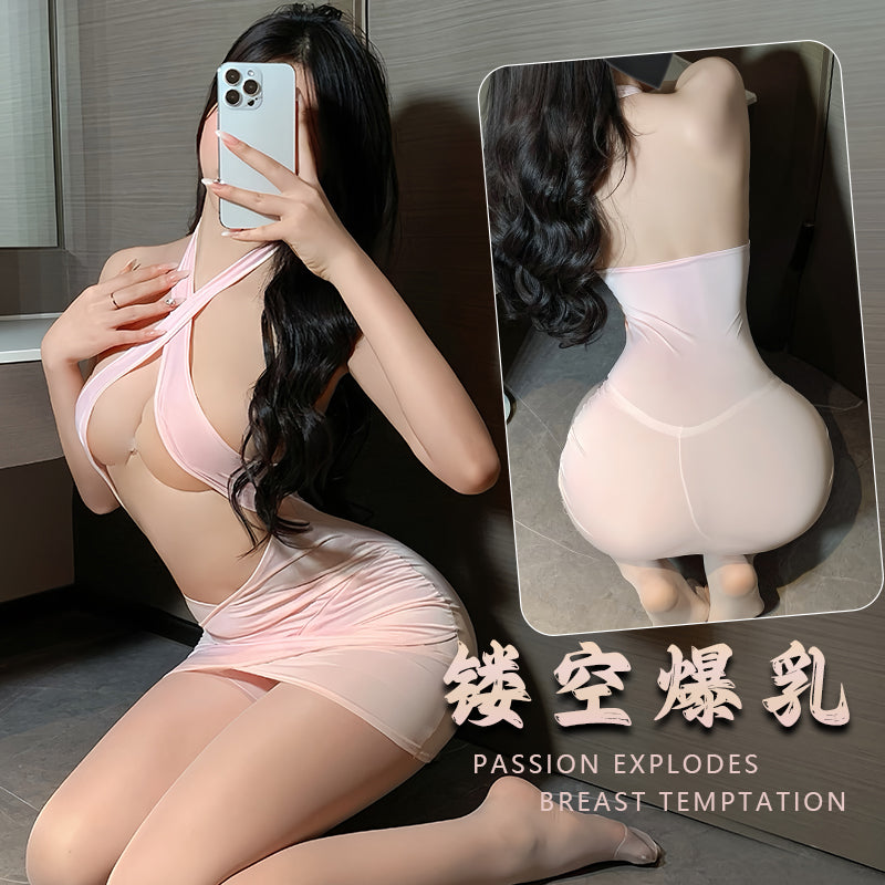 镂空爆乳胸部显大撩人诱惑粉色秘书连体包臀裙