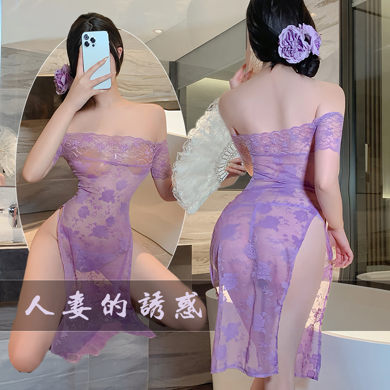紫色蕾丝战袍透视面料两侧开衩魅惑古典旗袍