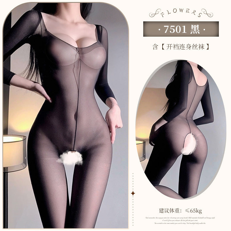 极度魅惑黑色超薄性感透视开裆连身丝袜