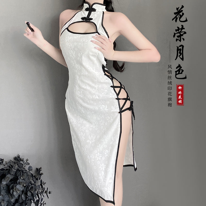 情调趣味性感镂空火辣绑带立领旗袍纯欲制服角色扮演装（黑/白）