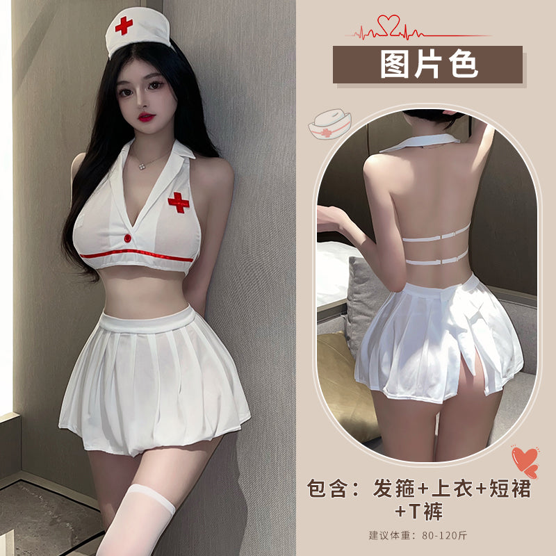 纯情洁白翻领深V露沟大露美背诱惑露脐护士制服