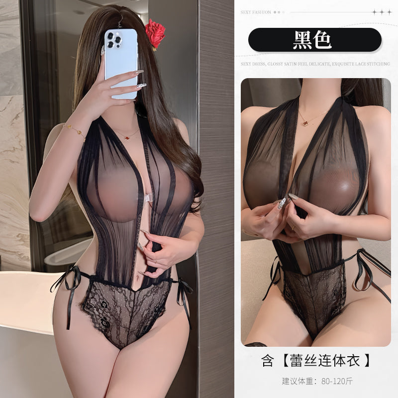 纯欲风蕾丝朦胧透视网纱睡裙火辣激情床上战袍（黑/白）