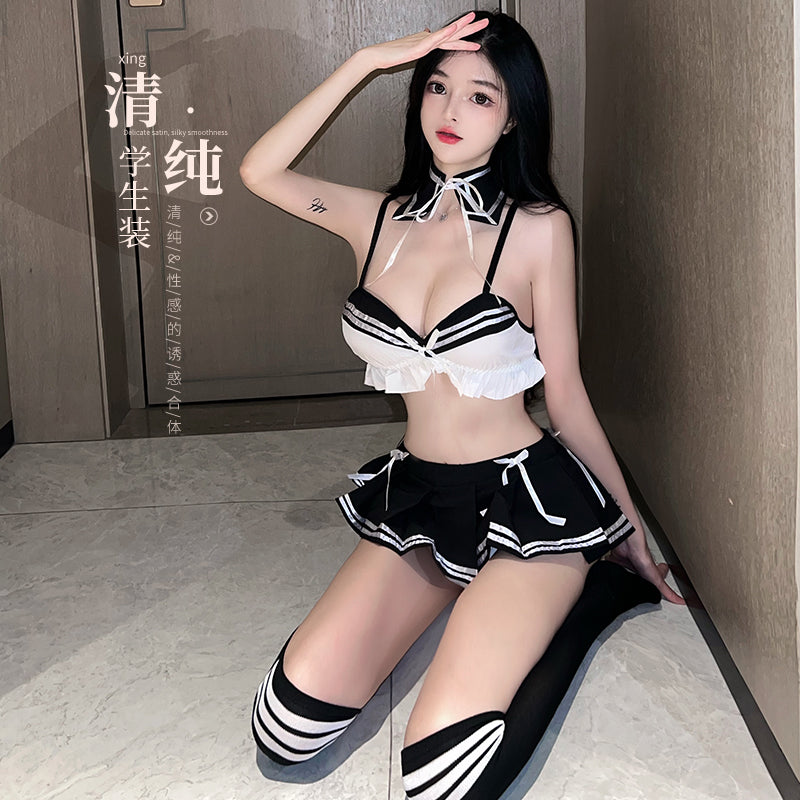 情趣内衣性感纯欲学生装露腰诱惑超短百褶裙制服套装