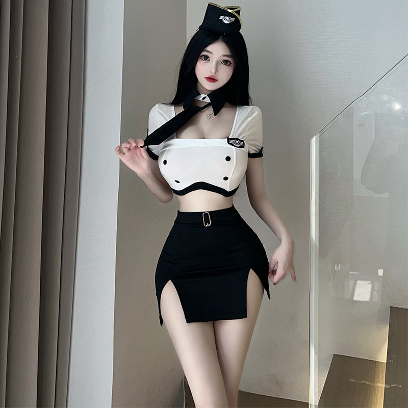 性感空姐制服诱惑火辣床上战袍免脱调情睡衣（蓝/白）