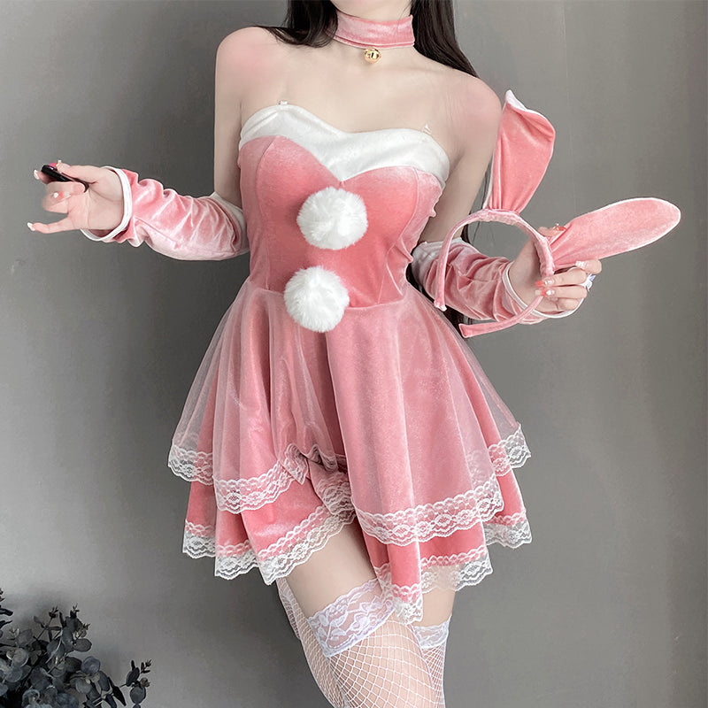 丝绒抹胸连衣裙兔女郎cos制服性感吊带睡裙（酒红/粉）