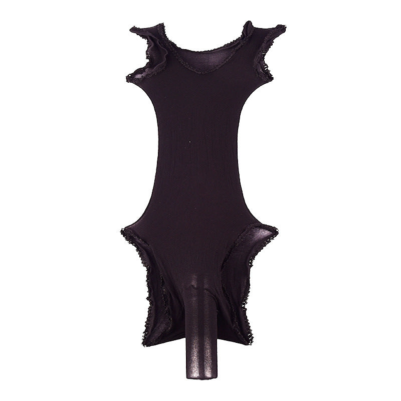 男士专用超薄透视带JJ套黑色连体丝袜背心