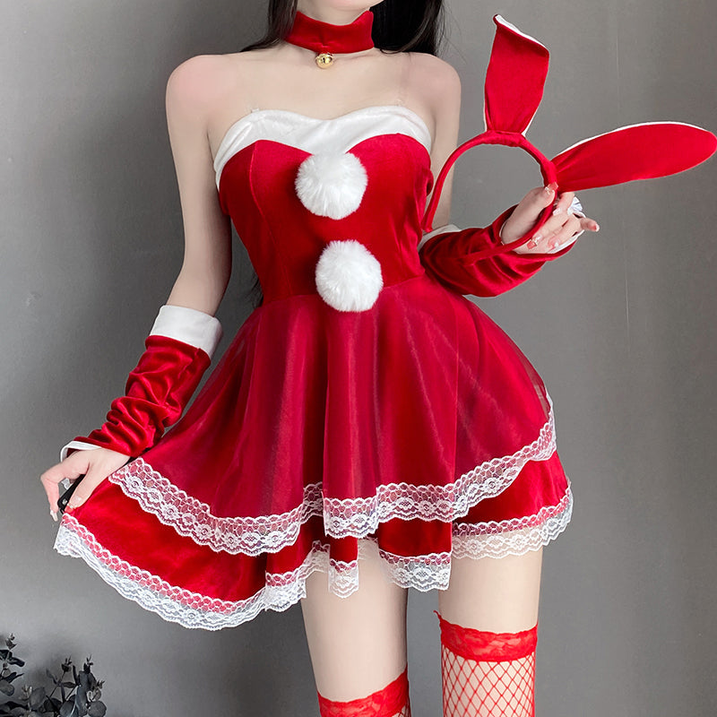 丝绒抹胸连衣裙兔女郎cos制服性感吊带睡裙（酒红/粉）