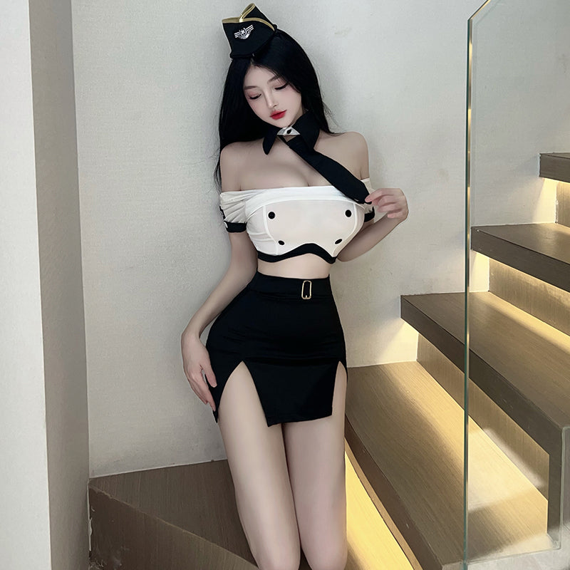 性感空姐制服诱惑火辣床上战袍免脱调情睡衣（蓝/白）