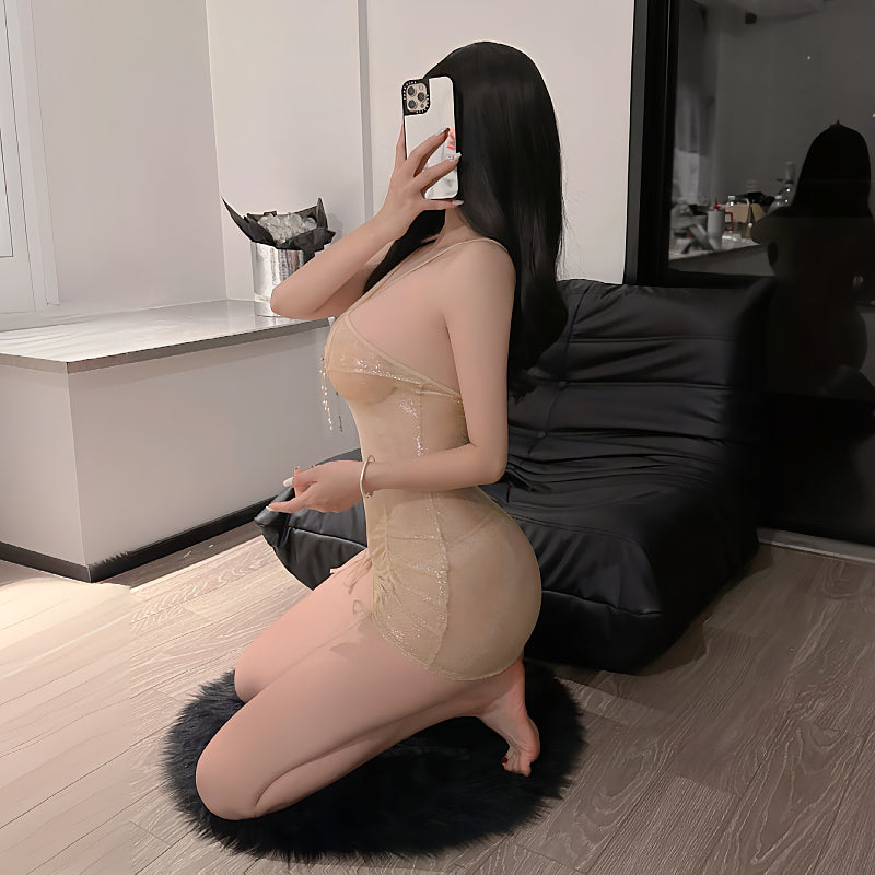 性感珠珠交叉吊带短裙火辣链条透视美人鱼包臀睡裙