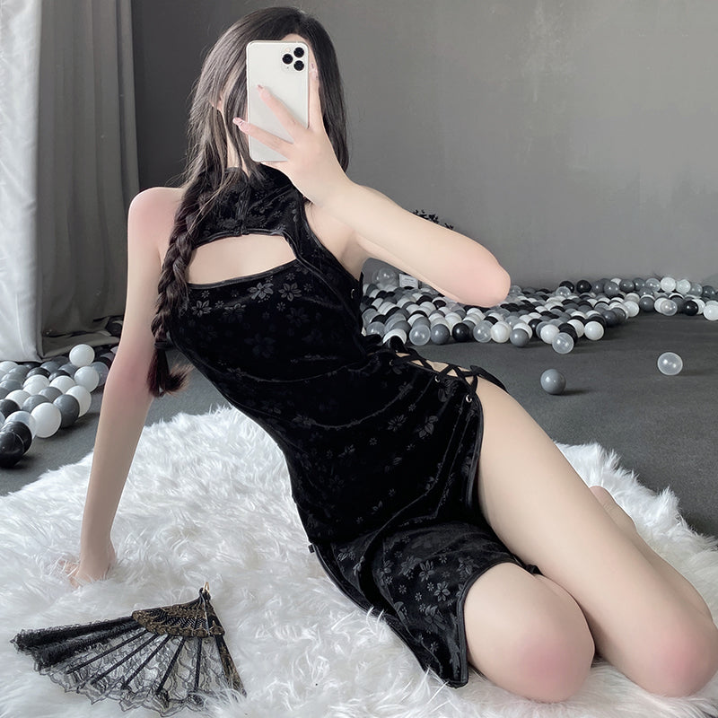 情调趣味性感镂空火辣绑带立领旗袍纯欲制服角色扮演装（黑/白）