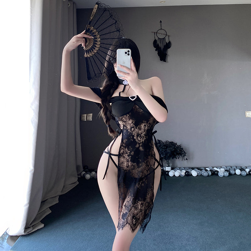 性感情趣内衣女小胸蕾丝透视睡衣古风旗袍制服诱惑套装