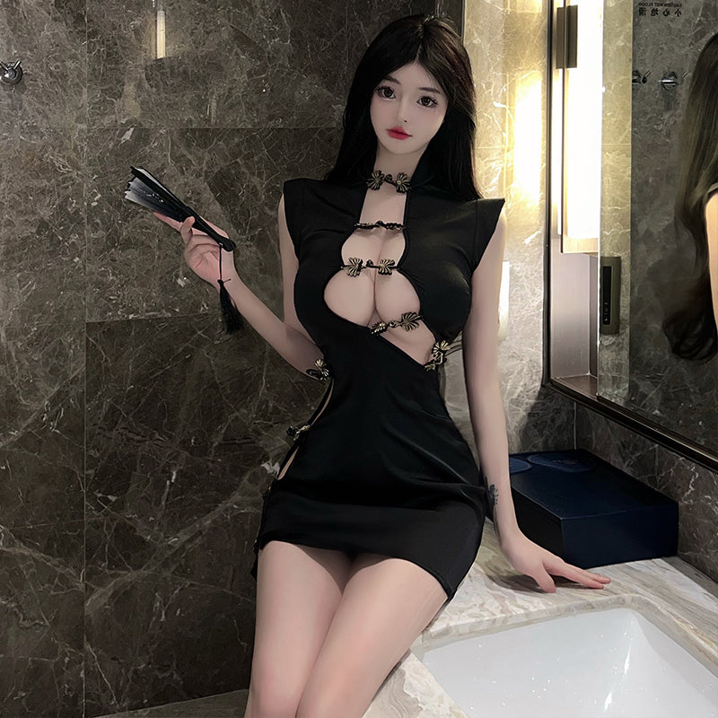 纯欲小胸显大复古旗袍连衣裙性感床上战袍套装（杏/黑）