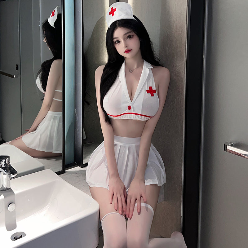 纯情洁白翻领深V露沟大露美背诱惑露脐护士制服