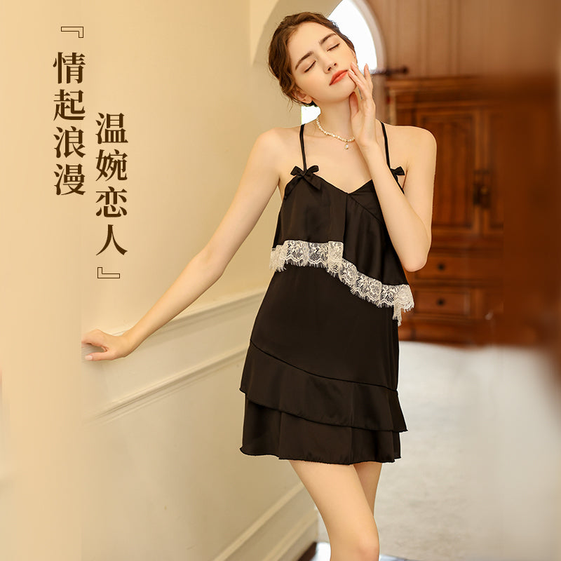 黑色性感蕾丝透视诱惑吊带睡裙女家居服套装（黑/蓝灰）