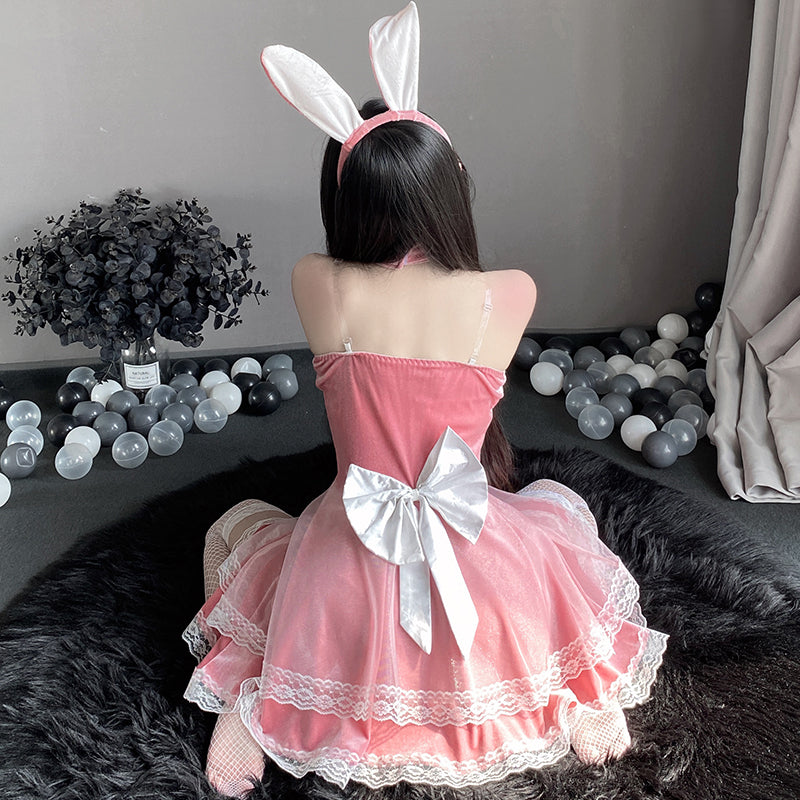 丝绒抹胸连衣裙兔女郎cos制服性感吊带睡裙（酒红/粉）