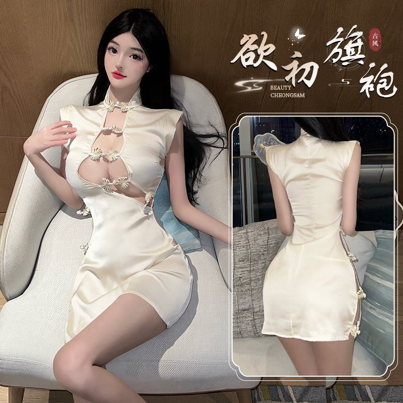 纯欲小胸显大复古旗袍连衣裙性感床上战袍套装（杏/黑）