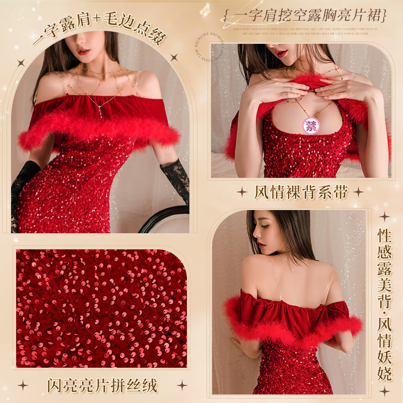 一字露肩挖空露胸风情裸背系带拼丝绒大红亮片裙子