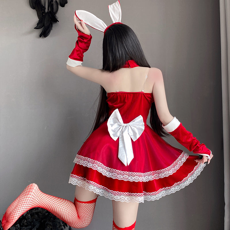 丝绒抹胸连衣裙兔女郎cos制服性感吊带睡裙（酒红/粉）