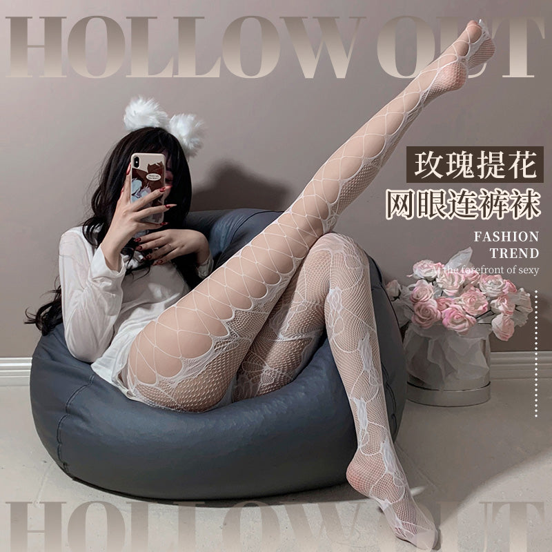 玫瑰提花网眼侧面镂空透肤诱惑高腰连裤网袜(黑/白)
