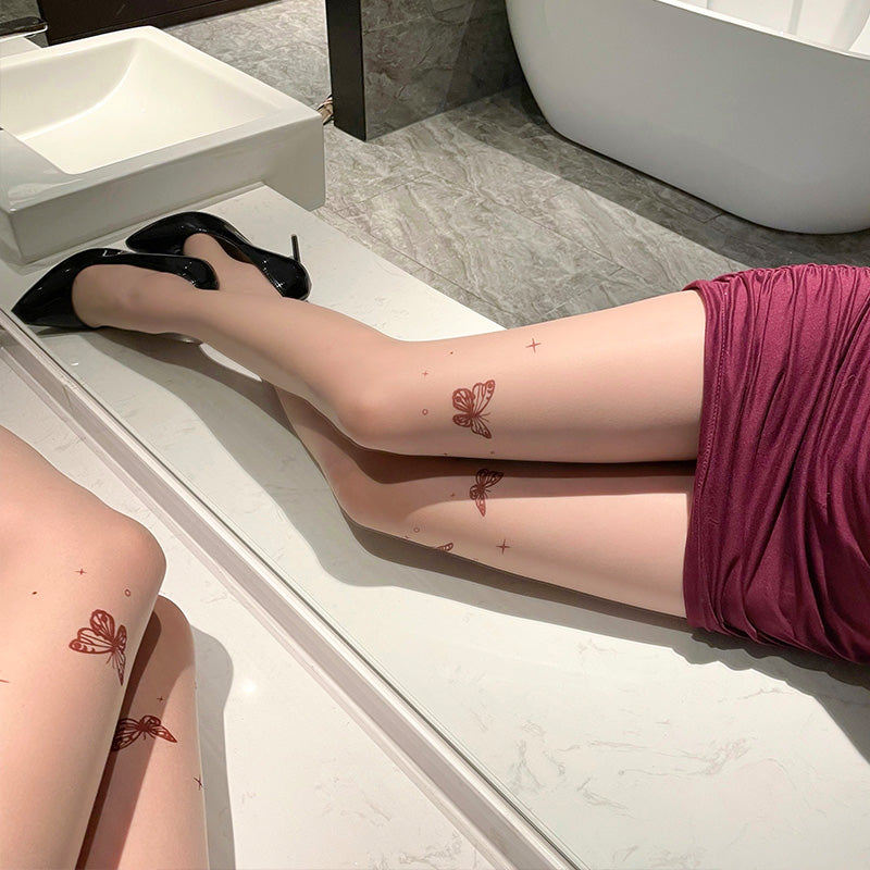 纯欲蝴蝶印花热辣开裆肤色仿纹身印花连裤丝袜