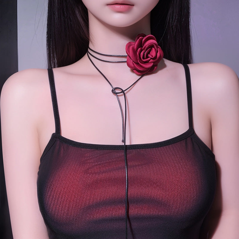 优雅INS风自由系带多层花瓣细长光滑圆绳玫瑰花颈环