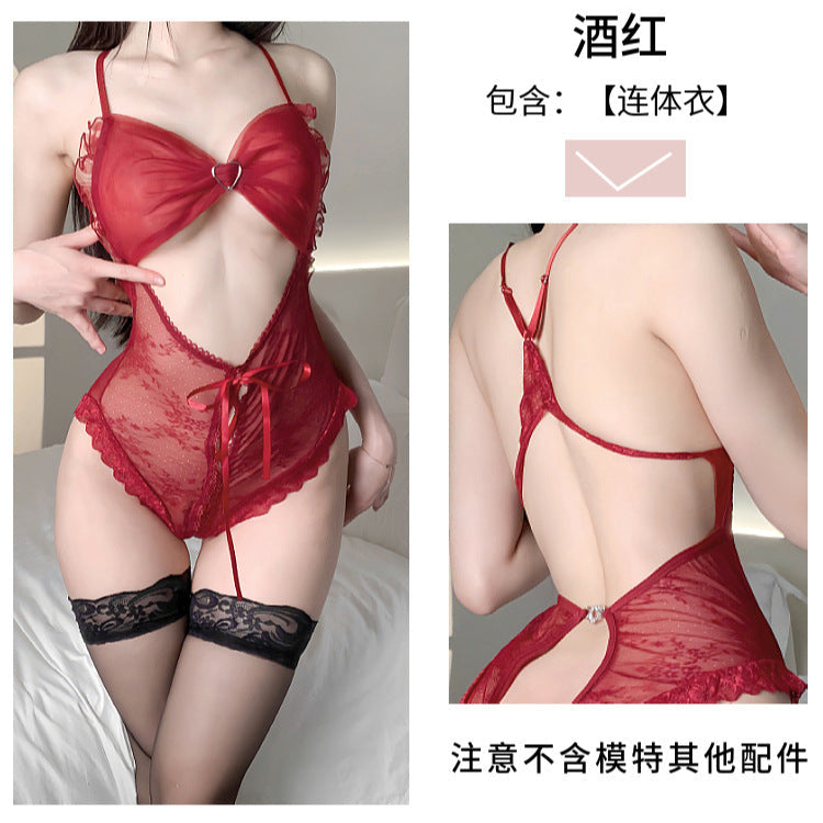 性感蕾丝胸前蝴蝶结开档连体衣吊带睡衣套装（酒红/白/黑）