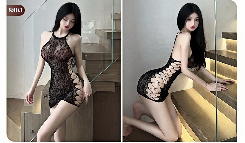 激情诱惑侧面交叉镂空挂脖透视黑色连体网衣