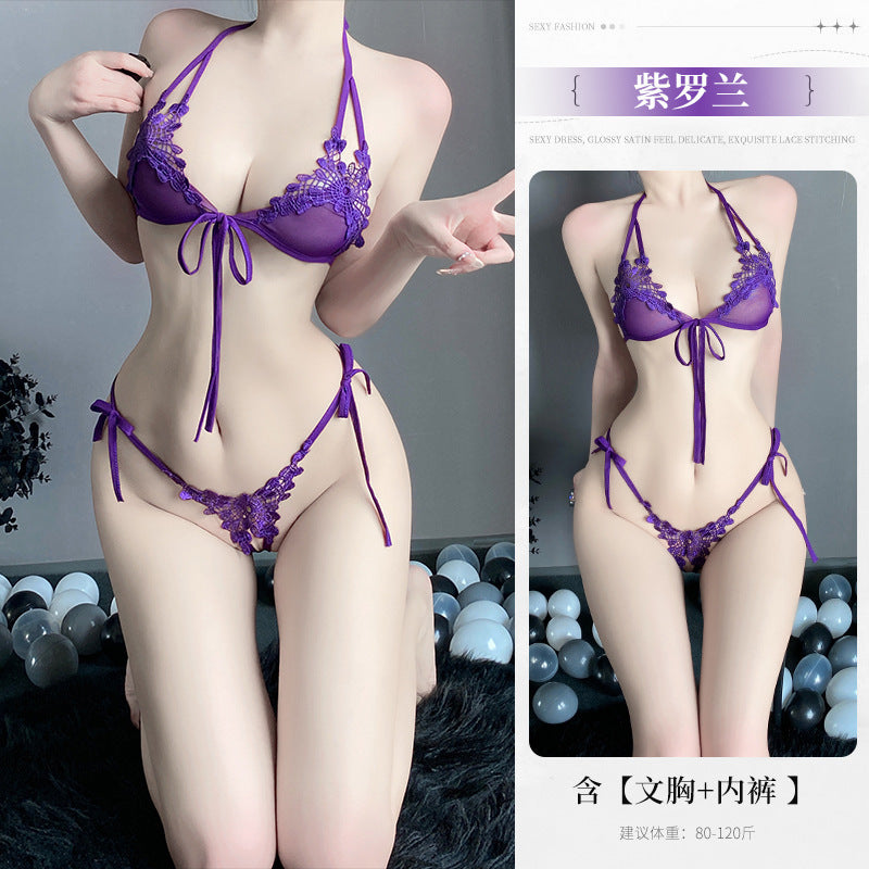 蕾丝三点套装小胸纯欲内衣火辣激情开档睡衣（浅蓝/深紫/藕粉/白/黑/红/深蓝/淡粉/淡紫）