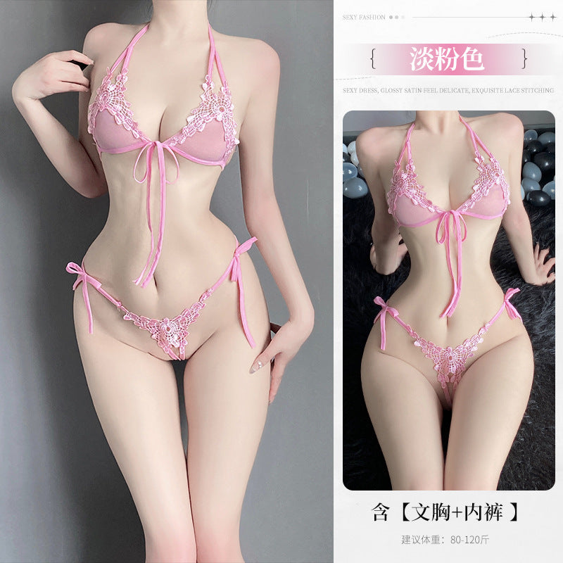 蕾丝三点套装小胸纯欲内衣火辣激情开档睡衣（浅蓝/深紫/藕粉/白/黑/红/深蓝/淡粉/淡紫）