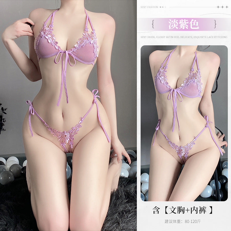 蕾丝三点套装小胸纯欲内衣火辣激情开档睡衣（浅蓝/深紫/藕粉/白/黑/红/深蓝/淡粉/淡紫）