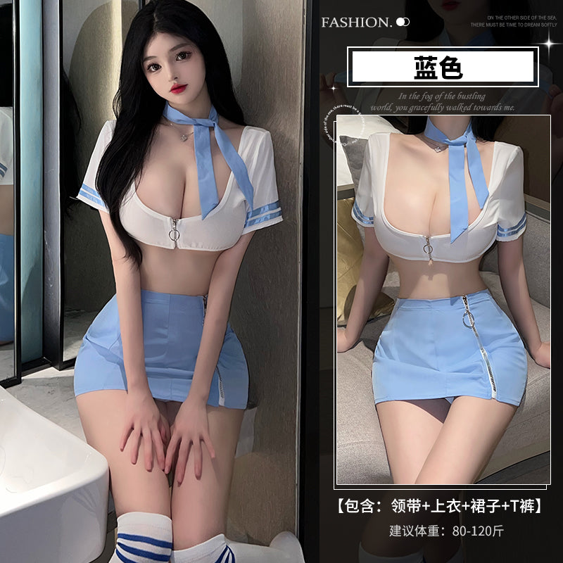 俏皮可爱活力四射性感爆乳心机包臀日系学生水手制服套装(黑/蓝)